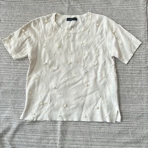 Zara Pearl Knit T-Shirt in Cream, size XL